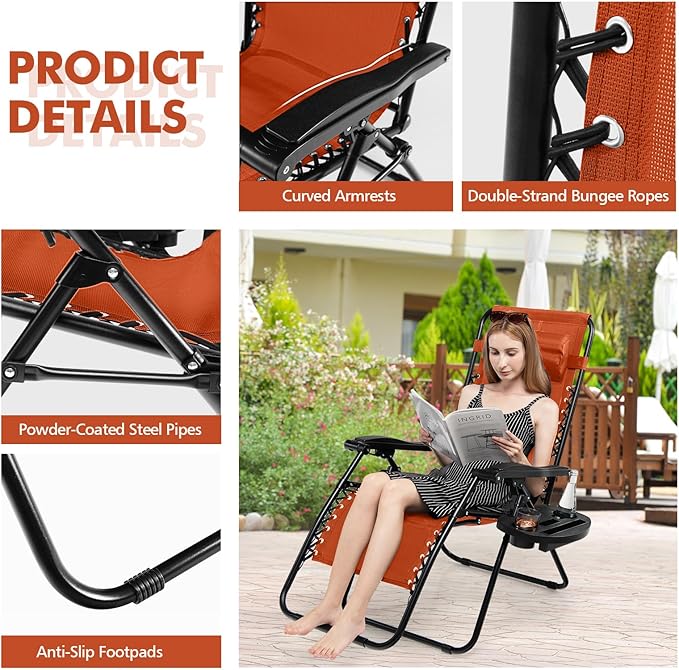 Tangkula Zero Gravity Chair, Folding Patio Lounge Chair Adjustable Outdoor Recliner with Cup Holder, Wide Armrest for Patio Garden Poolside Outdoor Yard Beach, Support 350 lbs (1, Orange)
