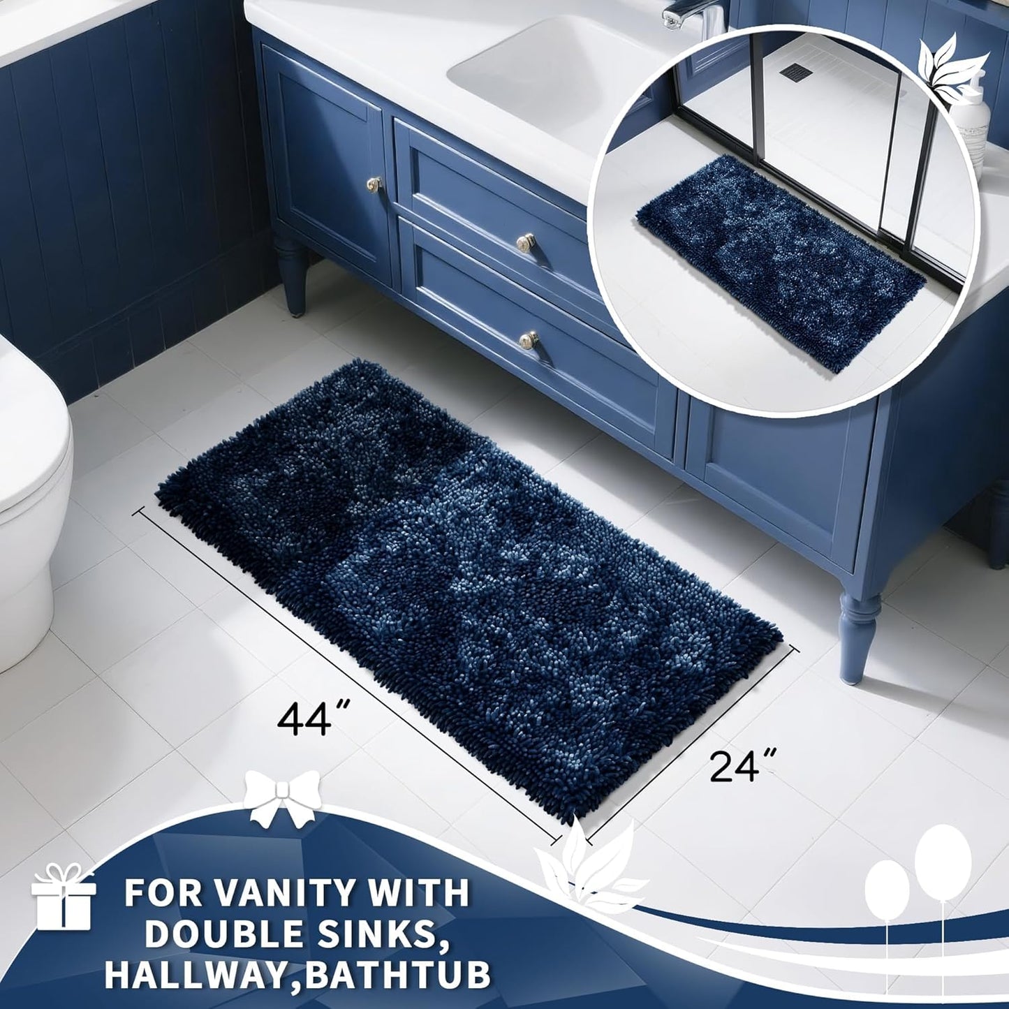 Yimobra Long Bathroom Rug Non Slip 44x24 Inch, Extra Thick Soft Absorbent Chenille Bath Mat, Machine Washable Bath Rugs for Bathroom Floor, Tub and Shower, Home Decor Accessories, Light Blue