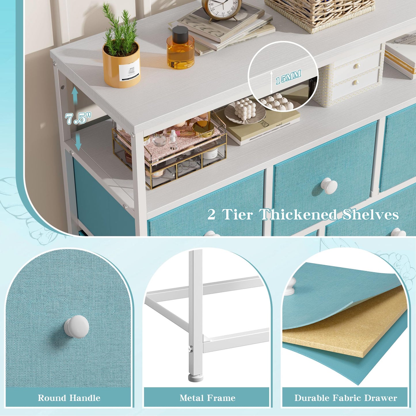 Dresser for Bedroom with 7 Drawers, Purple Dressers & Chests of Drawers, Dresser for Clothes Storage with Wooden Top and Metal Frame, Entertainment Center, Green