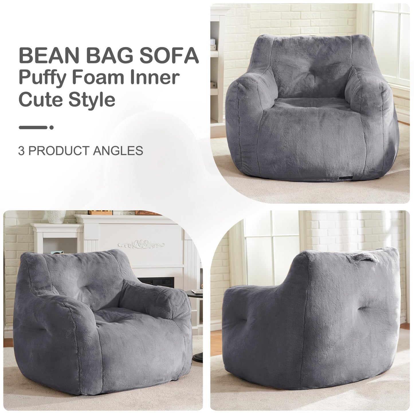 Hobestluk Bean Bag Chair for Adult Small Bean Bag Chairs with Arms Furry Beanbag Chair with Foam Filler Stuffed Bean Bag Sofa for Reading in Bedroom Living Room and Dorms(Grey)