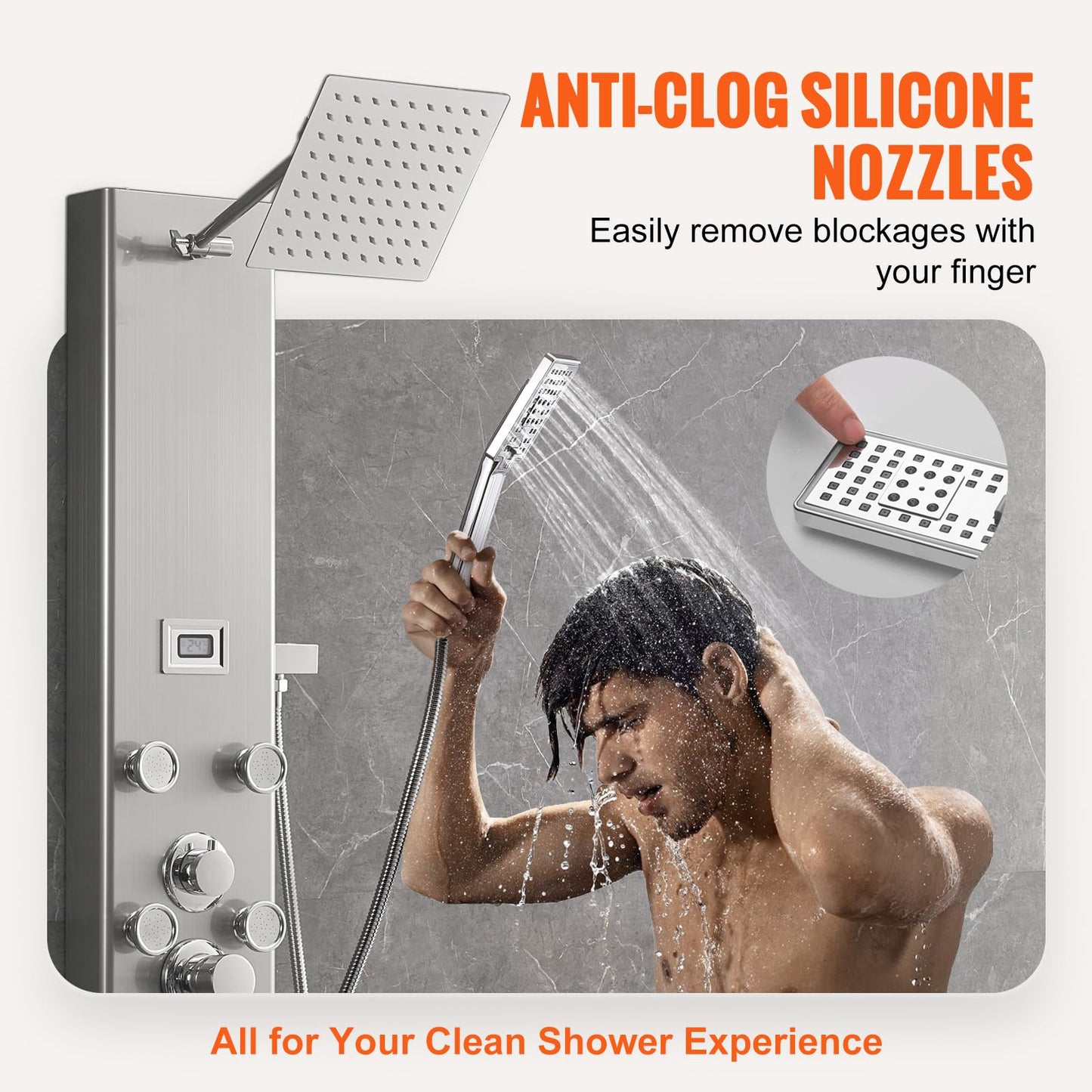VEVOR Shower Panel Tower System, 5 Shower Modes, Digital Display Shower Panel, Rainfall, 8 Massage Jets, Tub Spout, 3-Setting Handheld Shower Head 59" Hose, Stainless Steel Wall-Mounted Shower Set