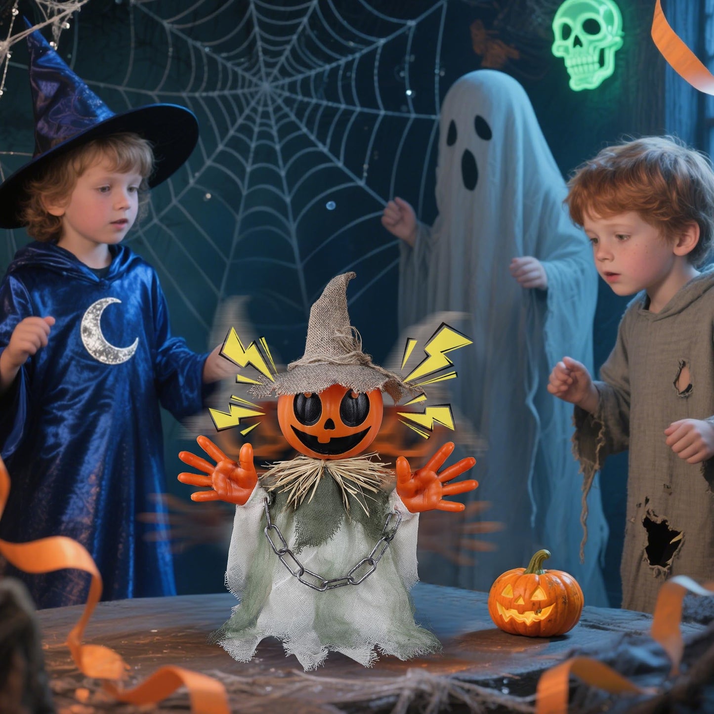 Prsildan Animatronic Halloween Decorations – 16″ Walking Pumpkin Ghost with Sound & Touch Sensor, Scary-Cute Animated Halloween Prop with Spooky Sound for Indoor Home & Outdoor Yard, Lawn Decor