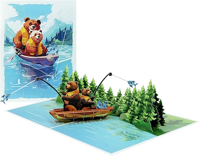 ETA 3D Pop-Up Card – Bear Fishing Adventure – Handmade Greeting Card for Father’s Day, Birthday, Thank You, Retirement, Ou...