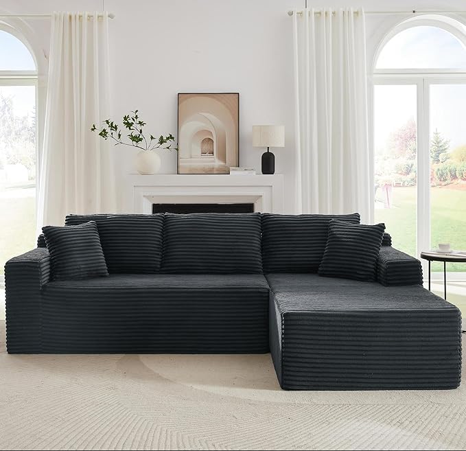 Vanress Cloud Couch Sectional, Corduroy Boneless Couch with L-Shape Chaise, Modern Modular Sectional Sofa Comfy Deep Seat for Living Room, Bedroom, No Assembly (Dark Grey, Right Facing Chaise)