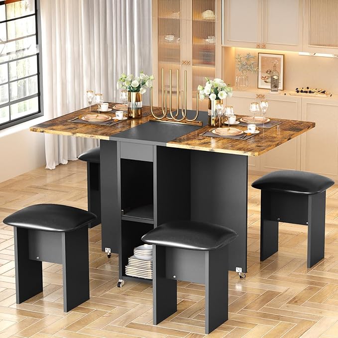 AWQM Foldable Dining Table Set for 4,Folding Dining Table with 4 Leather Chairs & Storage,Drop Leaf Dinner Table with 6 Wh...