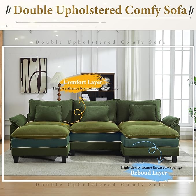 URRED Cloud Couch Modular Sectional Sofa, 122" Modern U Shaped Deep Seat Sofa with 2 Ottomans & Pillows, Ultra Comfy Corduroy Couches for Living Room, Bedroom or Apartment, Green