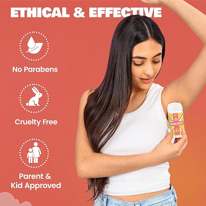 Fresh Kidz Deodorant Stick for Kids and Teens - Baking Soda and Aluminum-free 24 Hour Protection for Sensitive Skin - Girls "Coral", 2.65 oz / 75 g