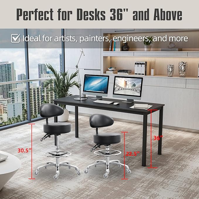 Grace&Grace Drafting Chair Big Cushion Rolling Stool with Back, Tall Shop StoolRolling Chair with Footrest for Studio, Workshop, Classroom, Lab, Counter, Home Office (Black)