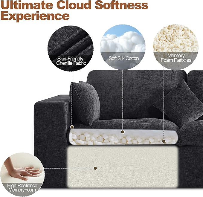 155''Cloud Boneless Modular Couch, Oversized Sectional Sofa Deep Seat with 2 Ottomans, Modern Upholstered Convertible U Shape Couch Comfy 6 Seater Chenille Sofa Couches for Living Room, Dark