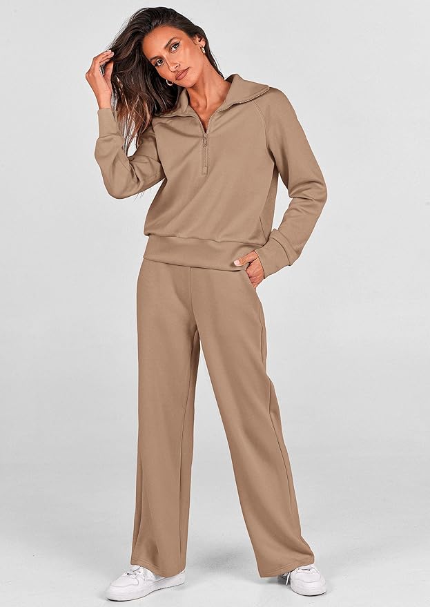 PRETTYGARDEN Women's 2 Piece Outfits Casual Lapel Half Zip Sweatshirts and Wide Leg Pants Tracksuit Sets