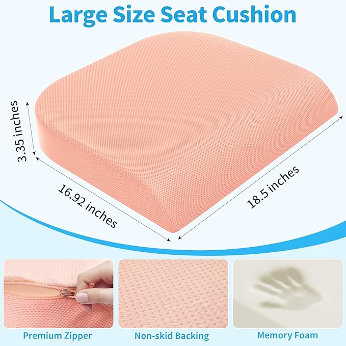 TranquilRelax Large Seat Cushion, Memory Foam Cushion for Long Sitting Hours on Office Chair, Home & Car, Non-Slip Chair Pad for Relieving Back & Sciatica & Hip & Coccyx Pain (Pink)