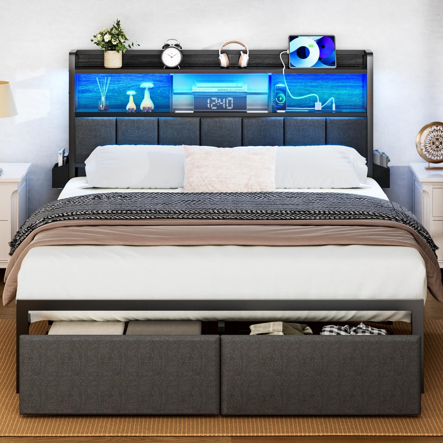 Furnulem Full Size Bed Frame with Headboard, Bed Frame Full Size with Storage Drawers, Charging Station and LED Lights, Metal Platform No Box Spring Needed, Upholstered Headboard, Noise Free, Black