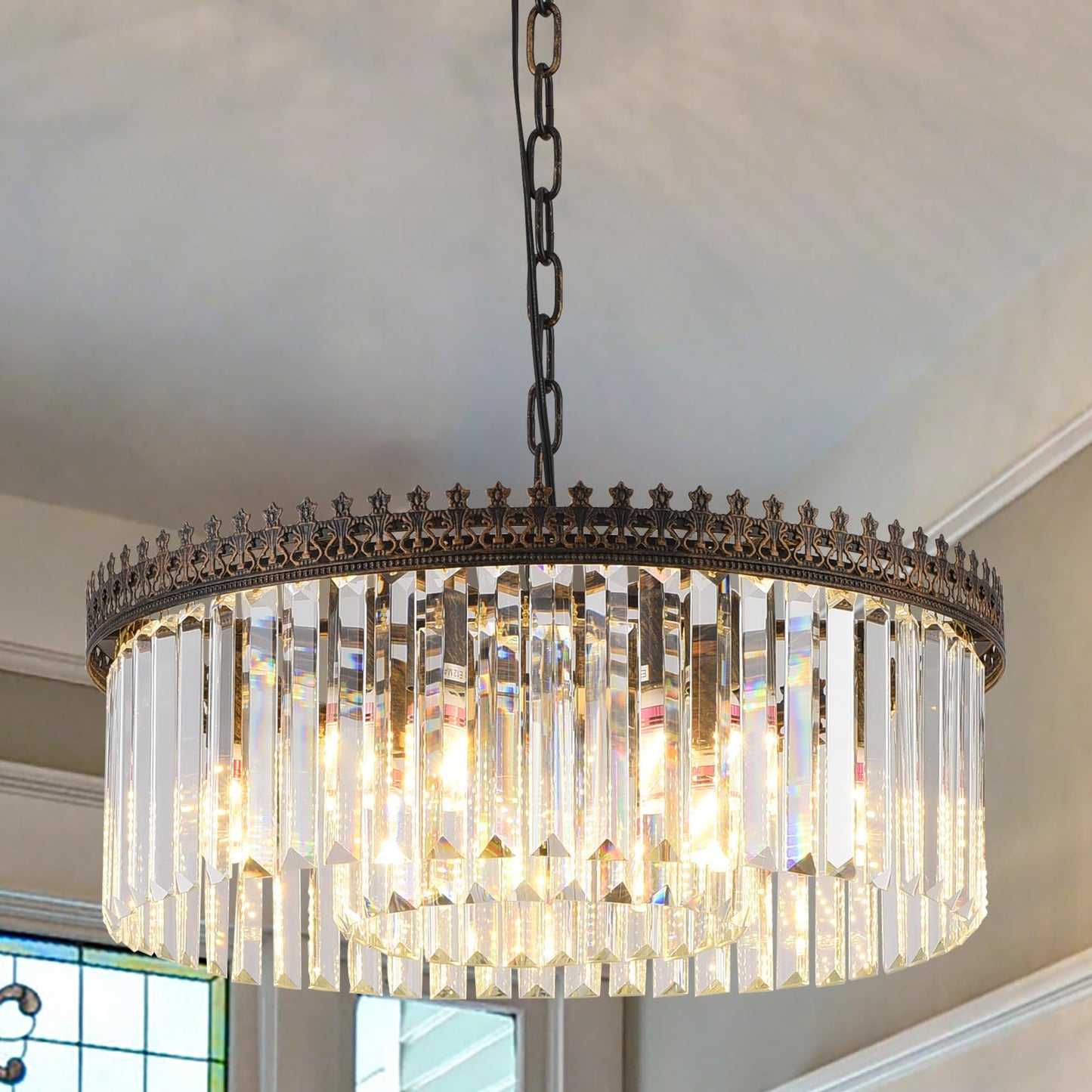 ELGOBST 6-Light Crystal Chandelier, 19.7" Modern Farmhouse Crystal Light Fixture, Vintage Antique Bronze Round Hanging Lighting Fixture for Dining Room Foyer Living Room Entryway