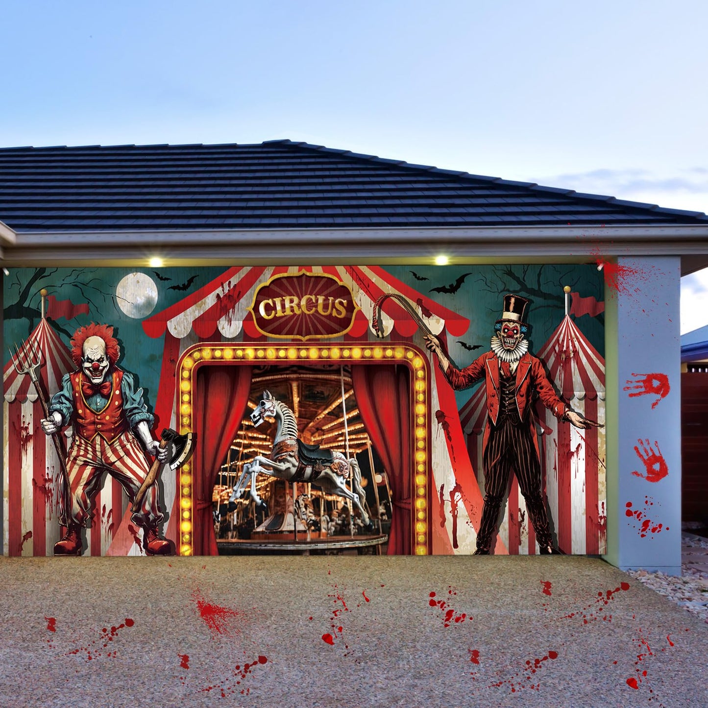 Tingjoo 7 x 16 ft Halloween Garage Door Decoration Banner Evil Circus Garage Door Decor Cover Halloween Backdrop Carnival Evil Circus Theme Backdrop Clown Background for Birthday Photography Party