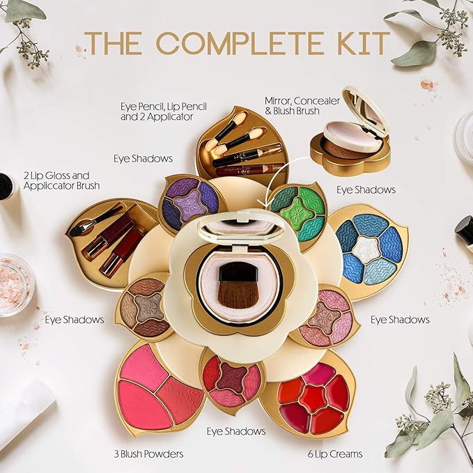 All In One Makeup Kit for Teens and Women - Flower Makeup Set for Girls 10-12 - Pigmented Eyeshadows, Lip Creams, Blushes, Concealer and Mirror - Full Starter Makeup Gift Set for Beginners