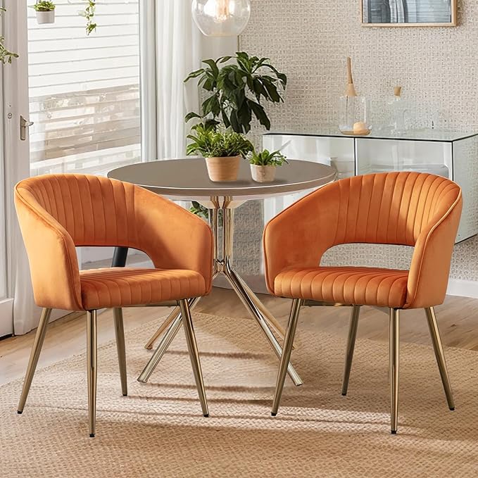 COMULER Orange Velvet Dining Chairs Gold Legs, Modern Dining Room Chairs with Arms Set of 2 Upholstered Accent Chair Armchair with Barrel Back for Kitchen Living Room