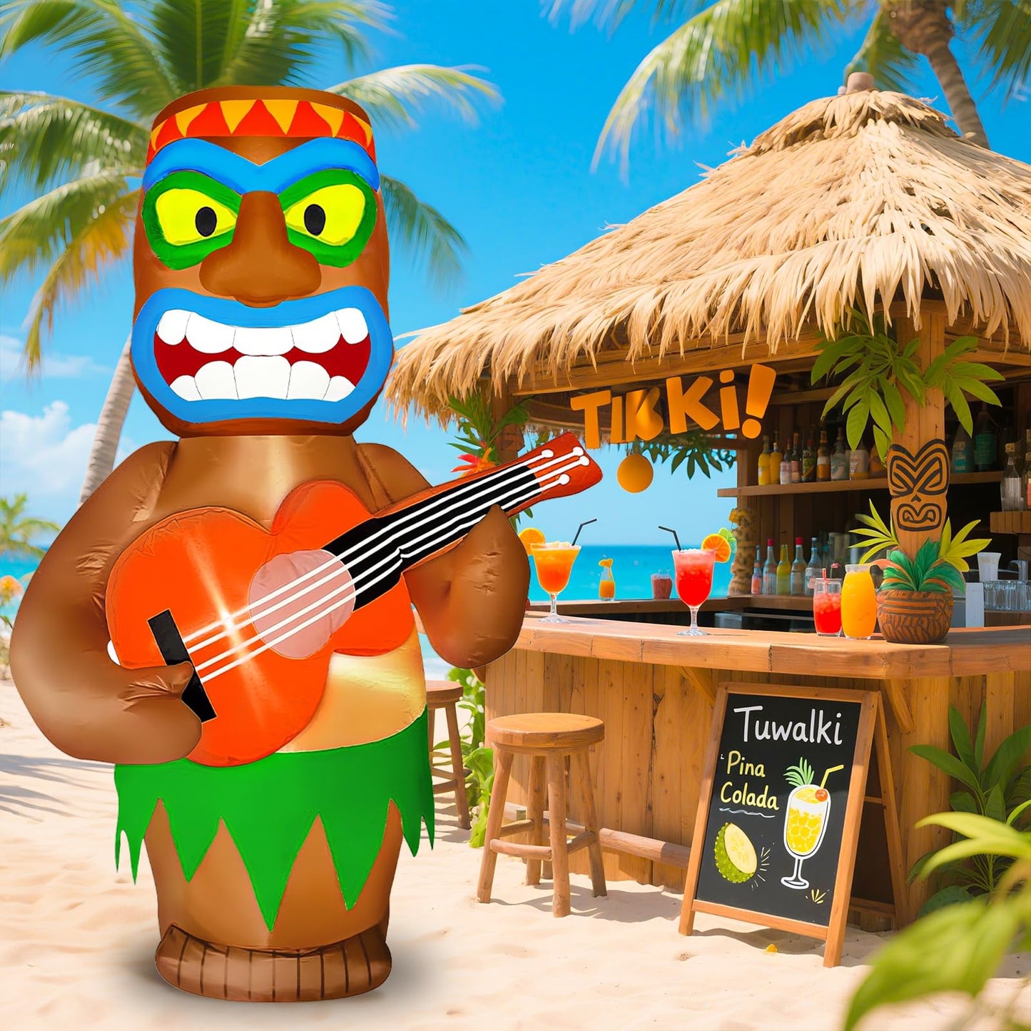 TURNMEON 6 FT Inflatable Tiki Playing Guitar Outdoor Luau Hawaiian Tropical Party Decoration, Built-in LED Lights Blow up Tiki Man Bar Decor for Yard Lawn Garden Beach Summer Pool Party Favor Supplies