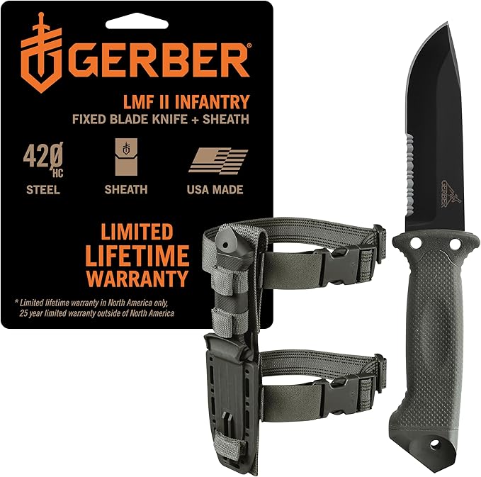 Gerber Gear LMF II Infantry Survival Knife, Military Grade Tactical Fixed Blade with Serrated Edge, Shock Absorbing Handl...