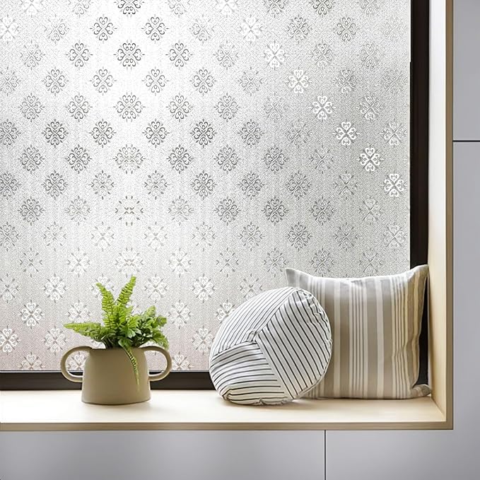 Window Privacy Film, Frosted Glass Decorative Static Cling, Removable Sun Blocking Vinyl Covering,Window Film for Home Kitchen Living Room Bathroom, Frost Blossom,17.3" x 78.7"