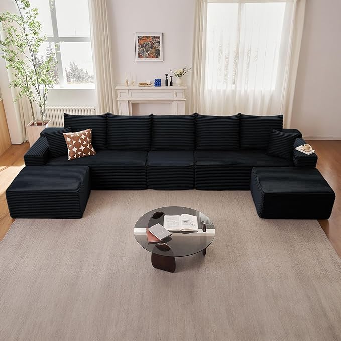 167.7" Sectional Cloud Couch for Living Room, Modular Floor Deep-Seat Sofa, Big Comfy Corduroy Couches Set with Fluffy Memory Foam, Stupendous U Shaped Sofas, No Assembly Required, Black