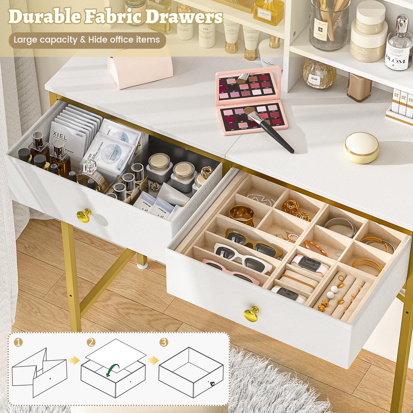 Makeup Vanity Desk No Mirror for Bedroom, Vanity Table Set with 2 Drawer and Open Storage Shelves, Small Vanity for Small Spaces, White and Gold, 31.5in(L)
