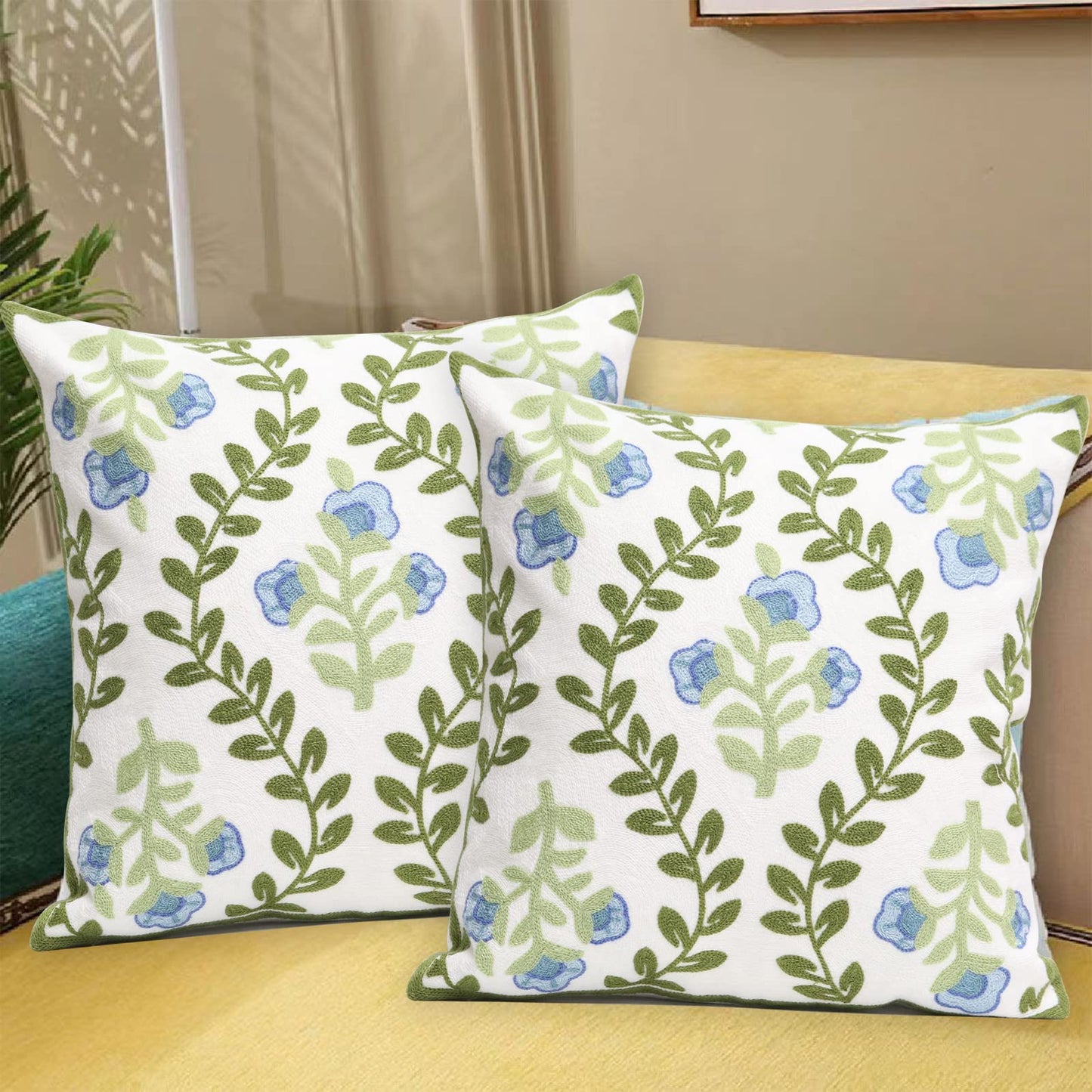 Pilmandu Set of 2 Embroidered Decorative Throw Pillow Covers Couch Square Pillowcases Cushion for Bedroom Sofa Farmhouse Decor 18x18 Inch (Blue Floral)