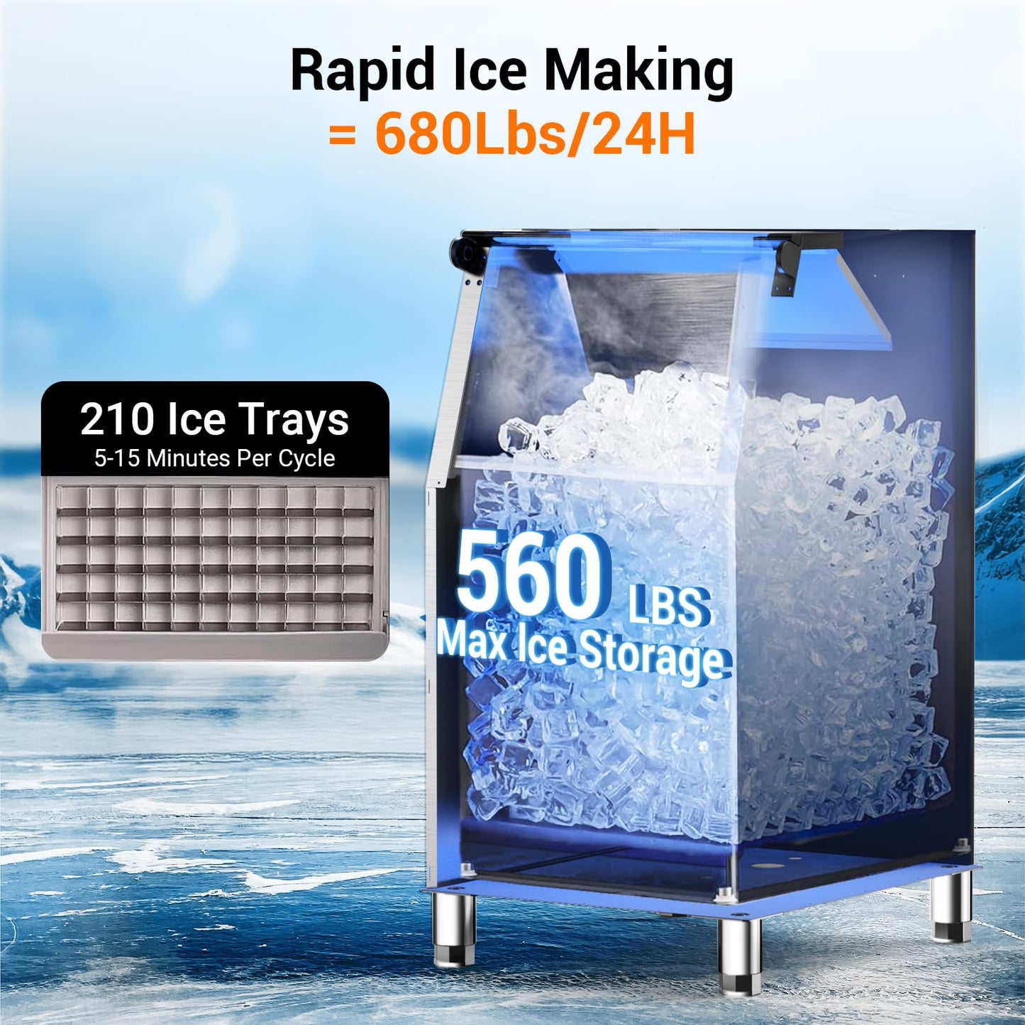 Commercial Ice Machine 680LBS/24H with 560LBS Storage Bin, Large Industrial Ice Maker, Self-Cleaning, Timing Function, 210 Ice Cubes in 5-15min, Adjustable Ice Thicknesses