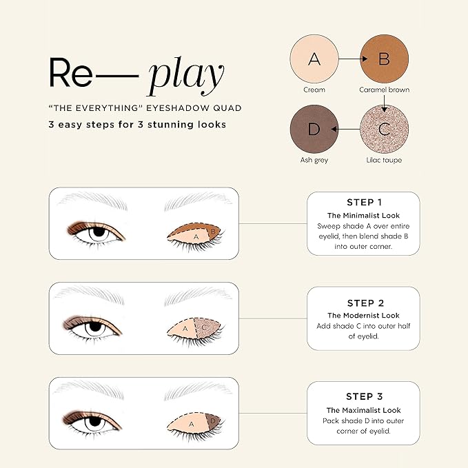 HALEYS Eyeshadow Quad Palette - Re-play Long-Wearing, Talc-Free, Easy-To-Use Buttery velvety Shades, “The Everything” Eye Makeup Palette, Matte and Glitter powders, Smooth Blending, Pigmented, Vegan