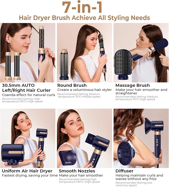 7 in ONE Hair Dryer Brush, Powerful Blow Dryer Brush with Air Curler for Hair, Brush Blow Dryer with Diffuser, Ionic Hot Air Brush Fast Dry, Volumize, Curls, Straight, Hair Styling Tools 100-120V