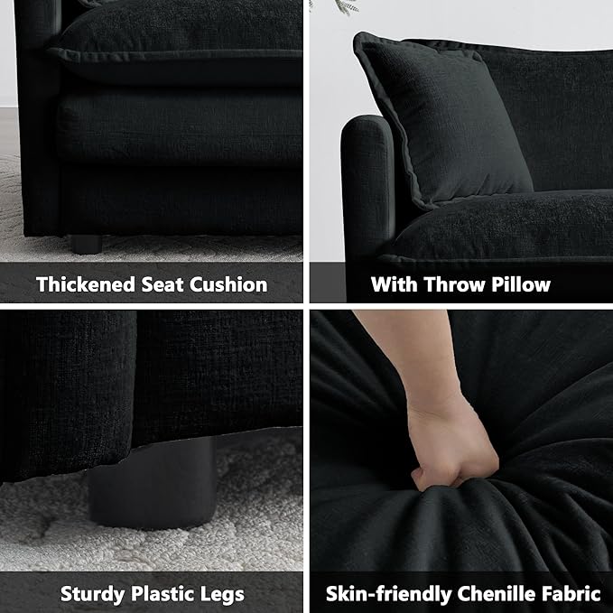 mikibama Luxury Modular Sectional Sofa, 111.5" Modern Chenille Comfy Cloud Couches for Living Room Office, 3 Seater Deep Sofa with 2 Armrest Pillows and 3 Toss Pillows, Black