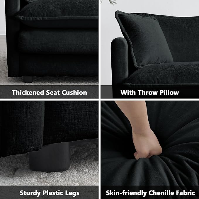 mikibama Luxury Loveseat Sofa Couch, 76" Modern Chenille Deep 2-Seater Cloud Couch with 2 Armrest Pillows and 2 Toss Pillows, Love Seat for Living Room Bedroom Office Apartment, Black