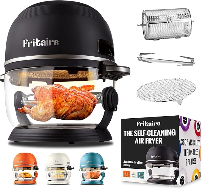 Non Toxic Air Fryer™ - Glass AirFryer 5 Quart w/ 360 Visibility, Self-Cleaning, 400F Vortex Air Fryer for Even Cooking, BPA-Free Teflon Free, 9-in-1 Functions, Rotisserie, Roast, Bake, Black