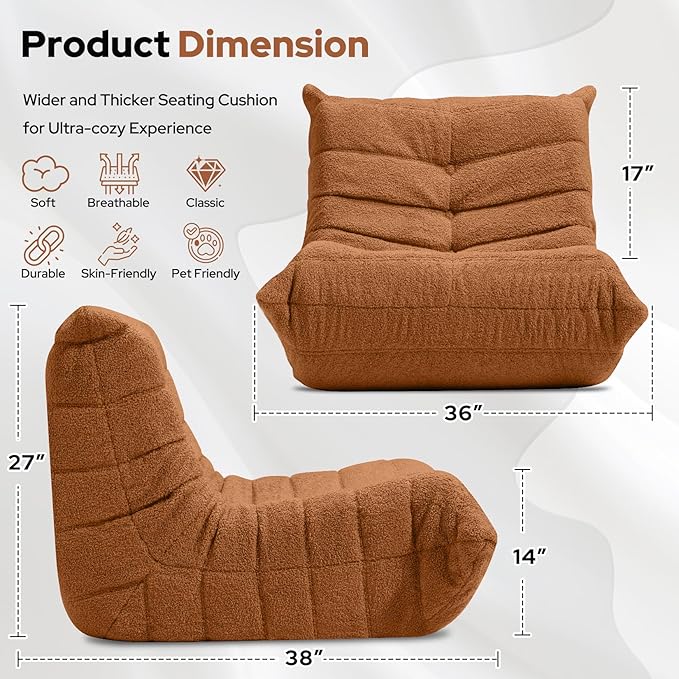 HABUTWAY Bean Bag Chairs Fireside Lazy Floor Sofa, Soft Teddy Fleece Bean Bag Sofa with High-Resilience Foam Filling，Beanbag for Living Room, Bedroom, Office (Brown Teddy)