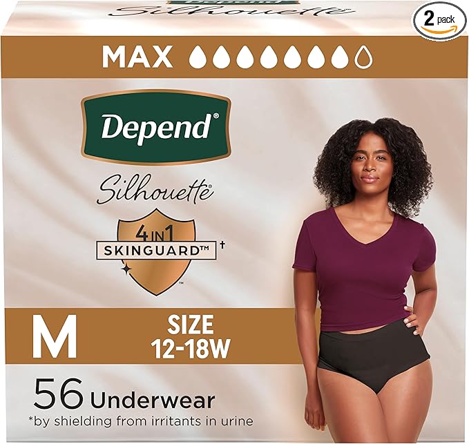 Depend Silhouette Adult Diapers, Incontinence & Postpartum Bladder Leak Underwear for Women, Maximum Absorbency, Medium, Black, 56 Count (2 Packs of 28), Packaging May Vary