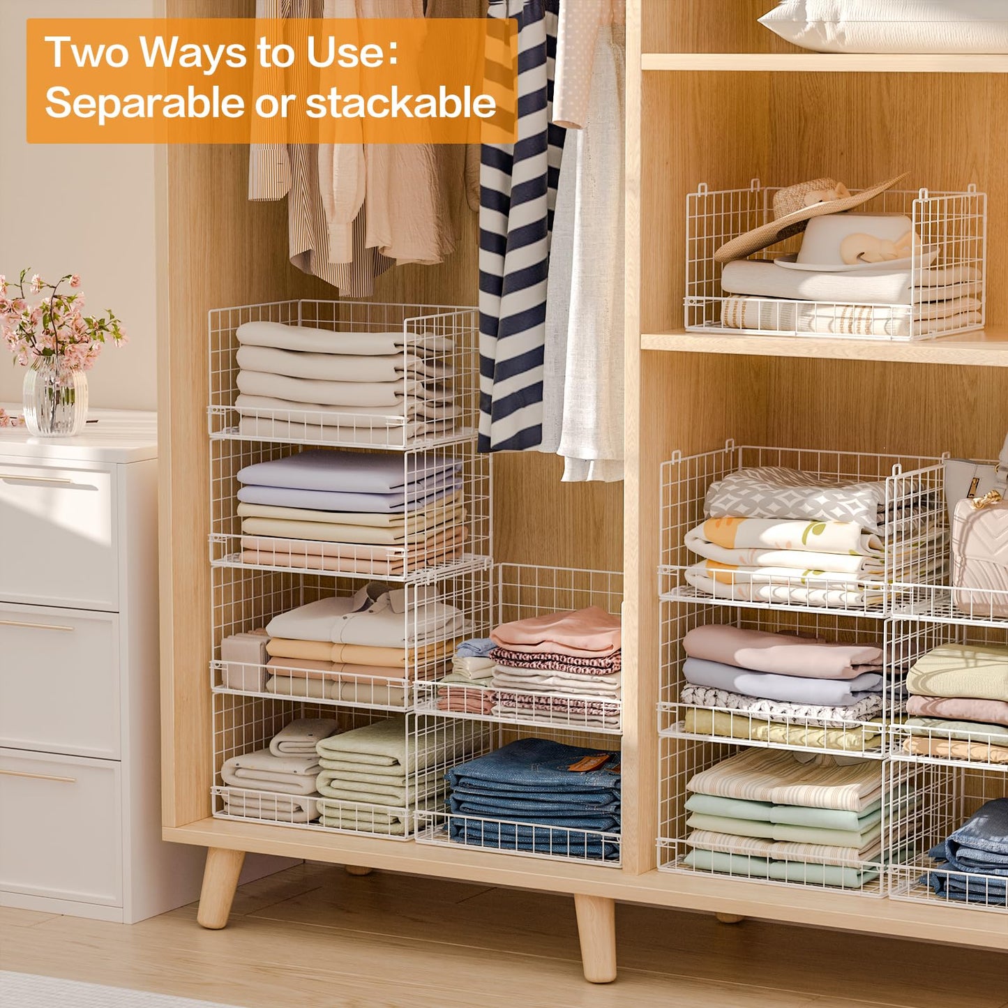 Yociyoga 6-Tier Stackable Closet Organizers and Storage Shelves, Closet Shelf Organizer Basket Bins, Foldable Sweater Storage for Closet Organizer System, White（Patent Pending）