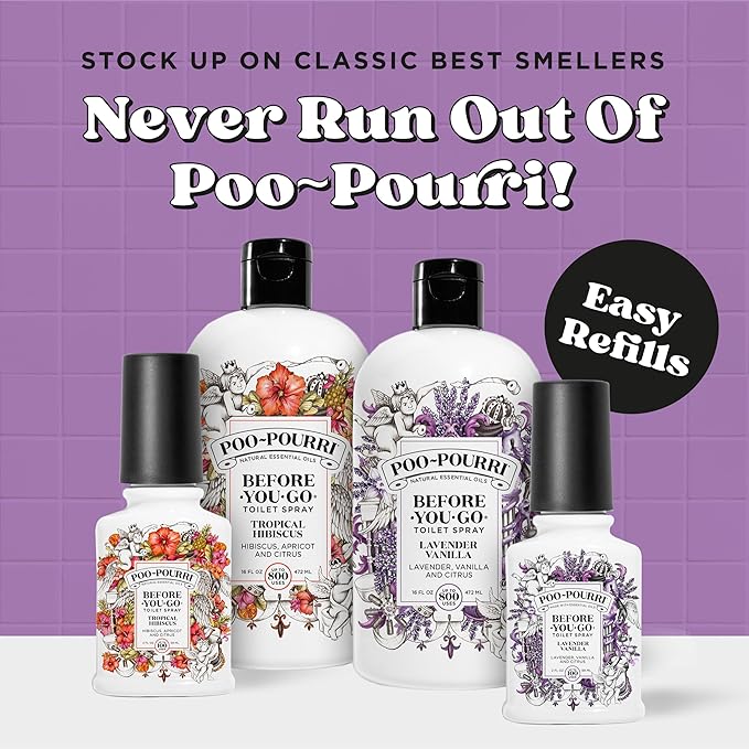 Poo-Pourri Before-You-Go Toilet Spray Refill, Lavender Vanilla,16 Fl Oz, Up to 800 Uses, Bathroom Odor Deodorizer with Essential Oils for Home or Work, Lavender, Vanilla and Citrus Scent