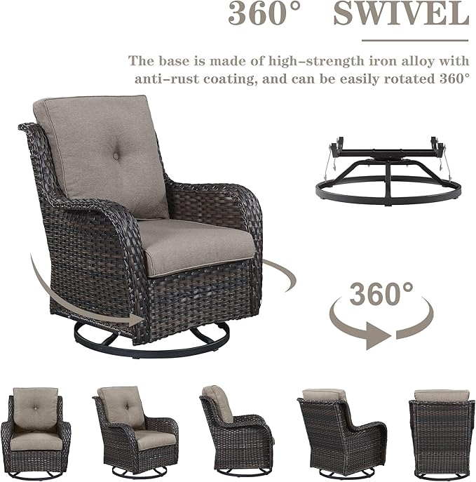 Belord Wicker Outdoor Furniture Patio Furniture Set - 6 Piece Patio Conversation Set with Swivel Rocker Chairs, Rattan Sofa, Ottomans and Coffee Table, Gray Cushion