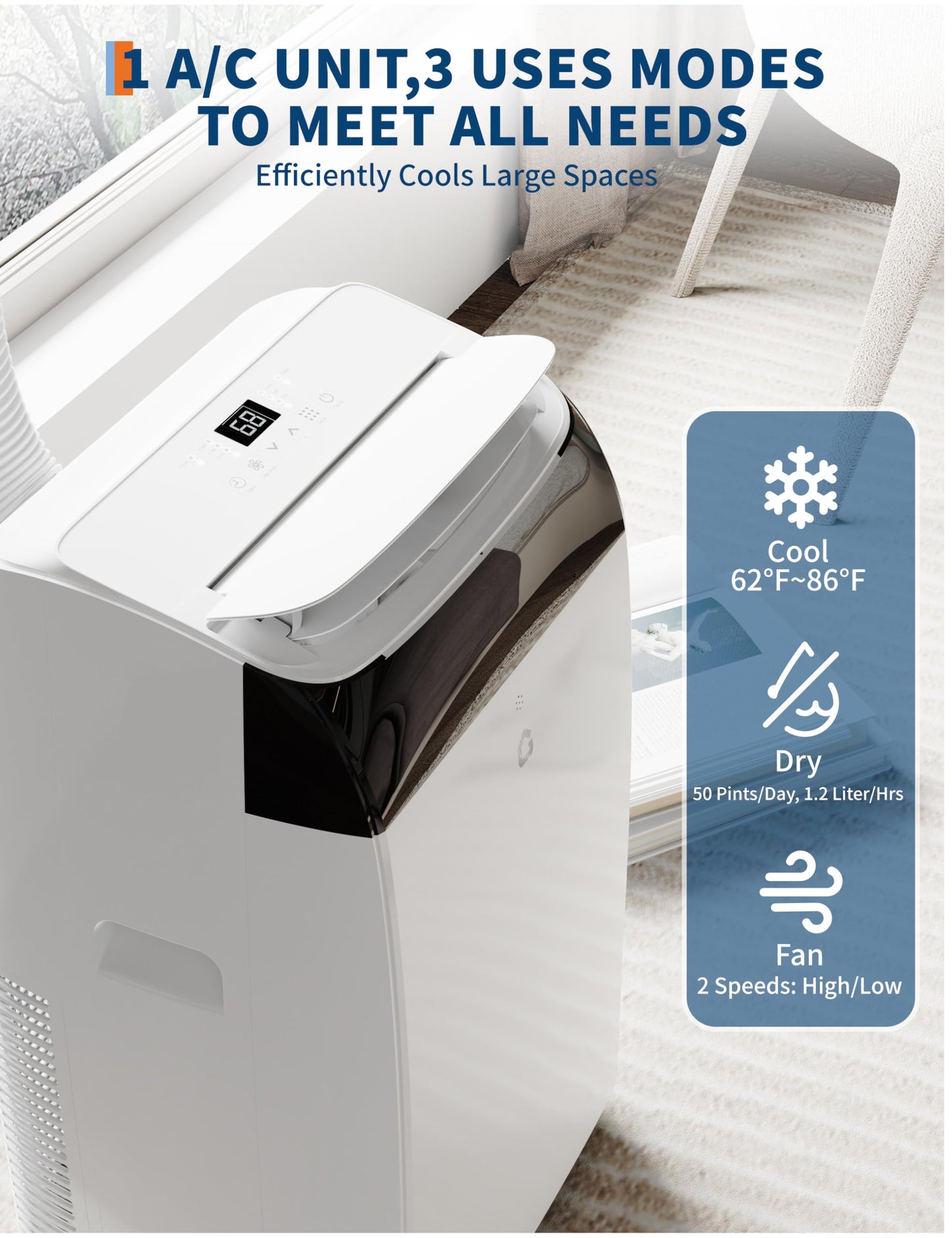 Air Conditioner Portable 12,000 Btu, Fast Cools 550 Sq.Ft., 3 In 1 Room Standing Air Conditioners With Remote Control & Led Disp