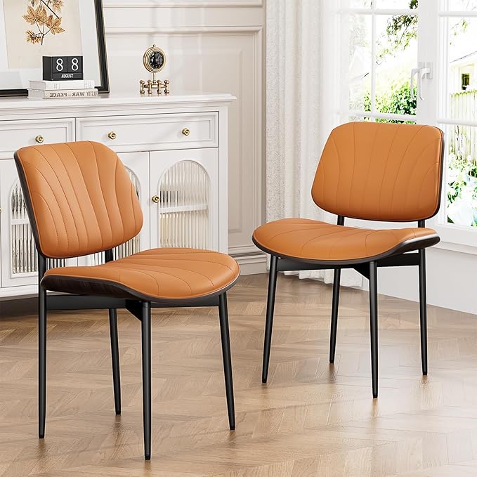 YaFiti Dining Chairs Set of 2, Mid Century Modern Dining Room and Kitchen Chairs, Upholstered PU Leather Chairs with Walnut Bentwood and Metal Legs, Orange