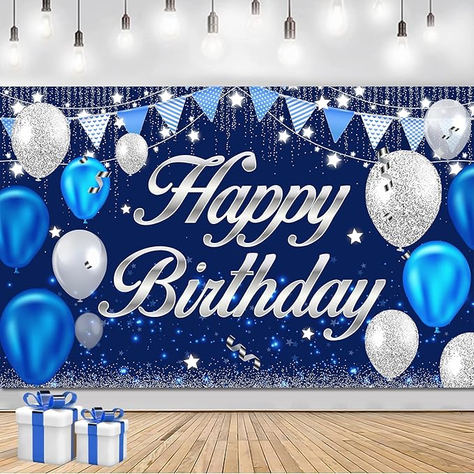 MDCGFOD Happy Birthday Banner - Birthday Decorations for Men Women Boys Girls Blue Sliver Birthday Party Banners Welcome H...
