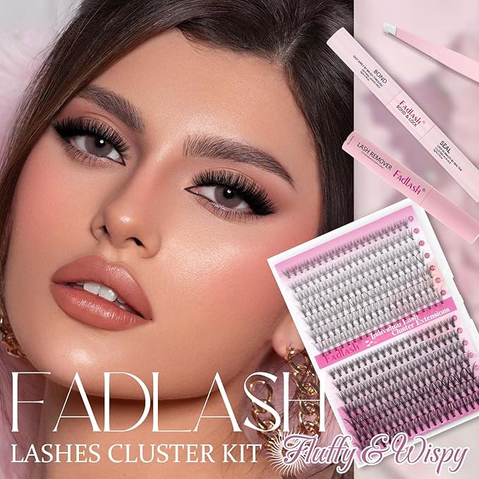 FADLASH Lash Clusters Kit 8-16mm Eyelash Cluster Lashes with Lash Bond and Seal Lash Remover Lash Tweezers DIY Lash Extension Kit (10D+20D-07C-8-16 Kit)