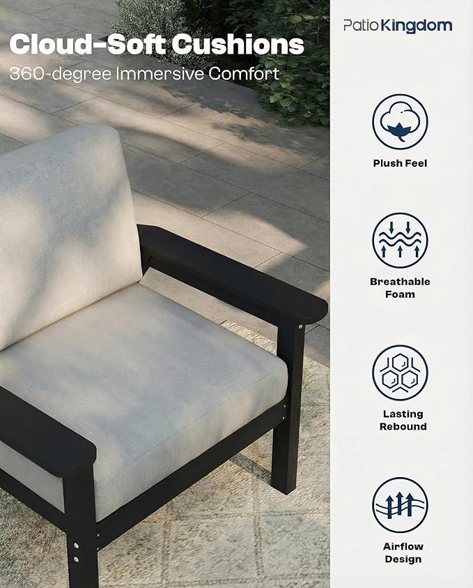Patio Kingdom Patio Furniture Set 2 Seats, HDPE Outdoor Sectional with Gray Washable Thick Cushions, Coffee Table, Patio Conversation Sets for Lawn, Garden, Porch, Balcony, Deck (Black Frame)