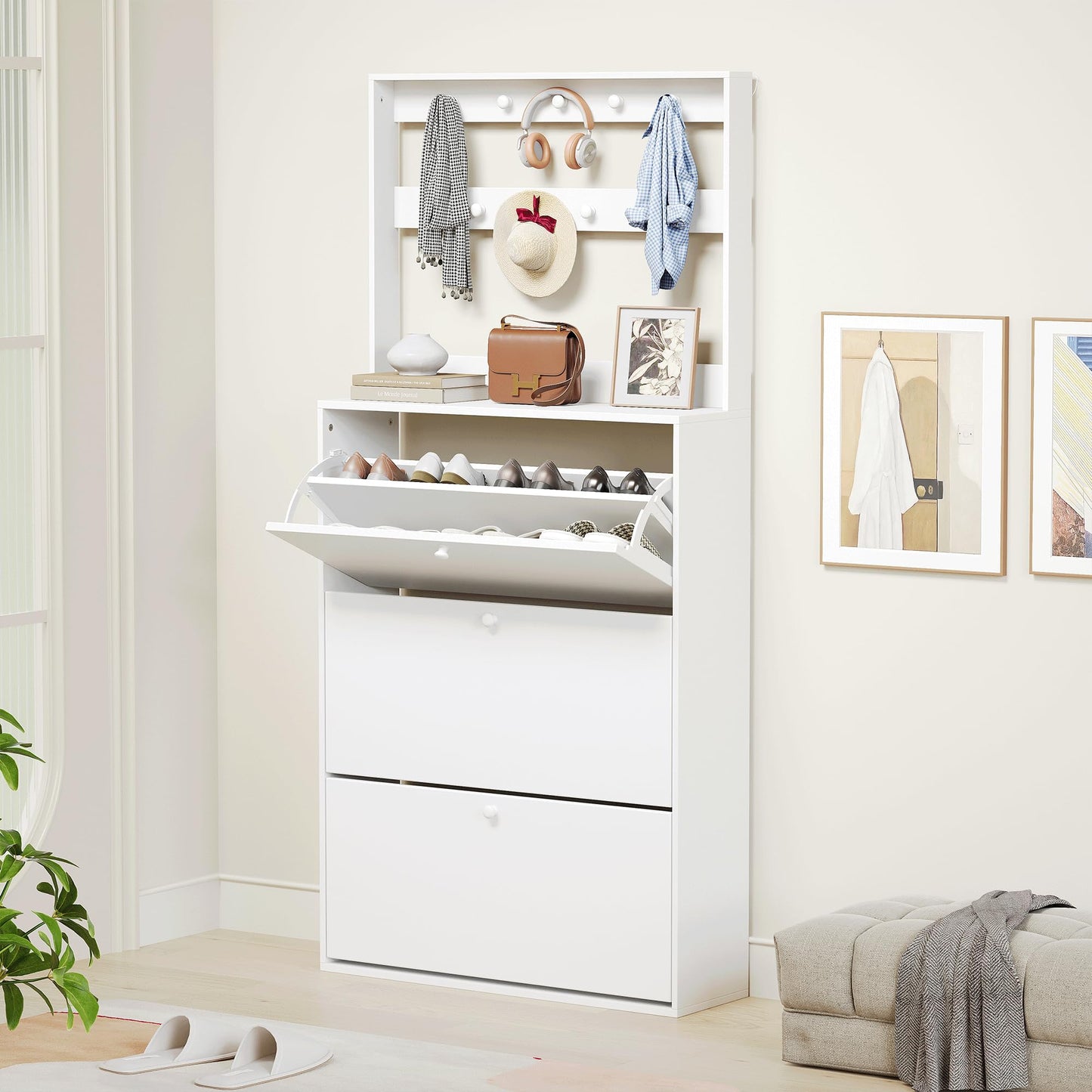 YMBSBUY Shoe Cabinet with 3 Flip Drawers, Narrow Shoe Cabinet with 9 Hooks Coat Rack, Freestanding Shoes Storage Cabinets with Adjustable Shelves for Entryway, Hallway, Living Room, White