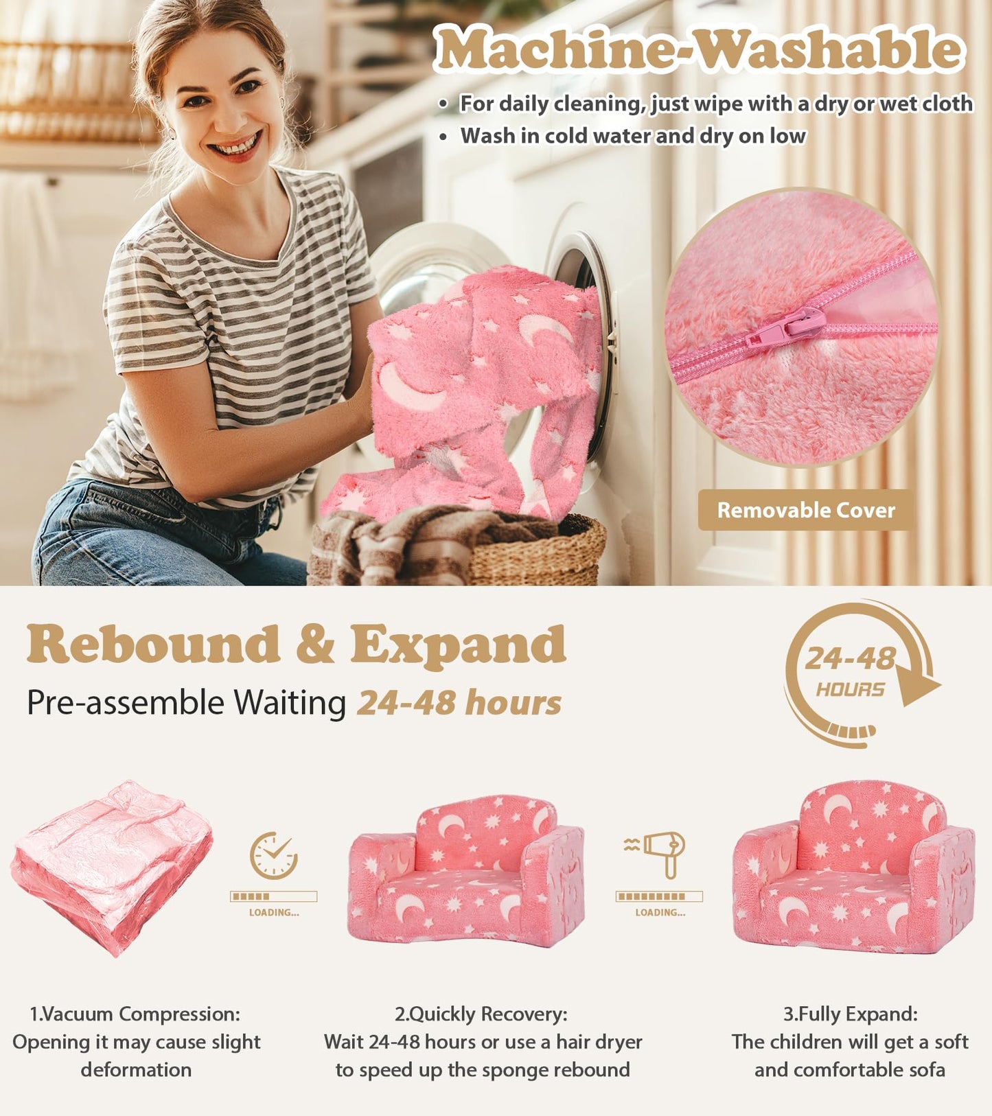 Kids Couch, 2-in-1 Soft Toddler Couch Fold Out with with Blanket and Cloud Pillow, Glow in The Dark, Convertible Sofa Comfy to Lounger, Gifts for Kids Girl Boys, Medium Pink Moon