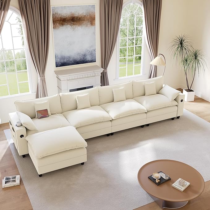 KCGKCG 152" Modular Sectional Sofa, L Shaped Cloud Couch with Movable Ottoman, Chenille Deep Seat Cloud Sofa with Charging Station, Cup Holder, Side Pocket, Sectional Couches for Living Room, Beige