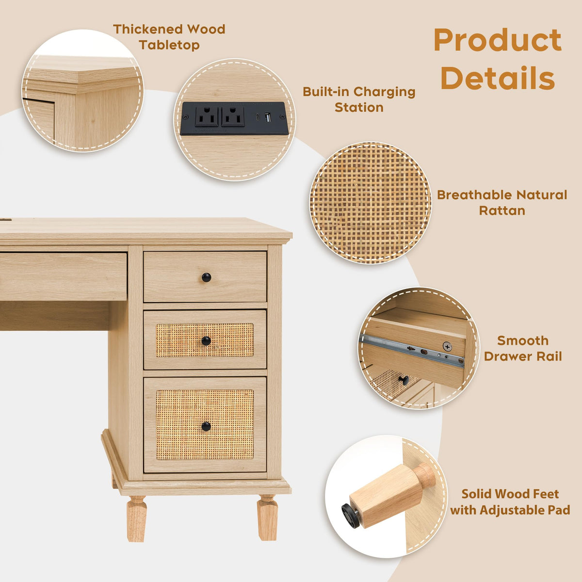 Yechen 58'' Wood Executive Desk with 7 Drawers - Modern Natural Rattan Home Office Desks with Charging Station, Large Long Computer Desk with Storage, Boho Writing Table for Work, Study, Natural Oak