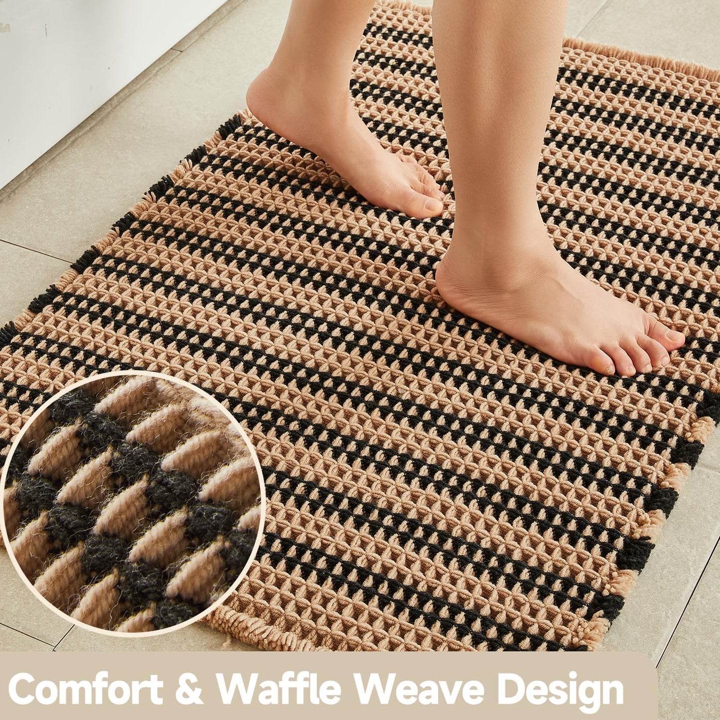 Waffle Bath Mat, Boho Bathroom Rugs Non Slip Washable Super Absorbent Quick Dry Bath Mat Farmhouse Bathroom Decor, 30"x20" Black and Khaki