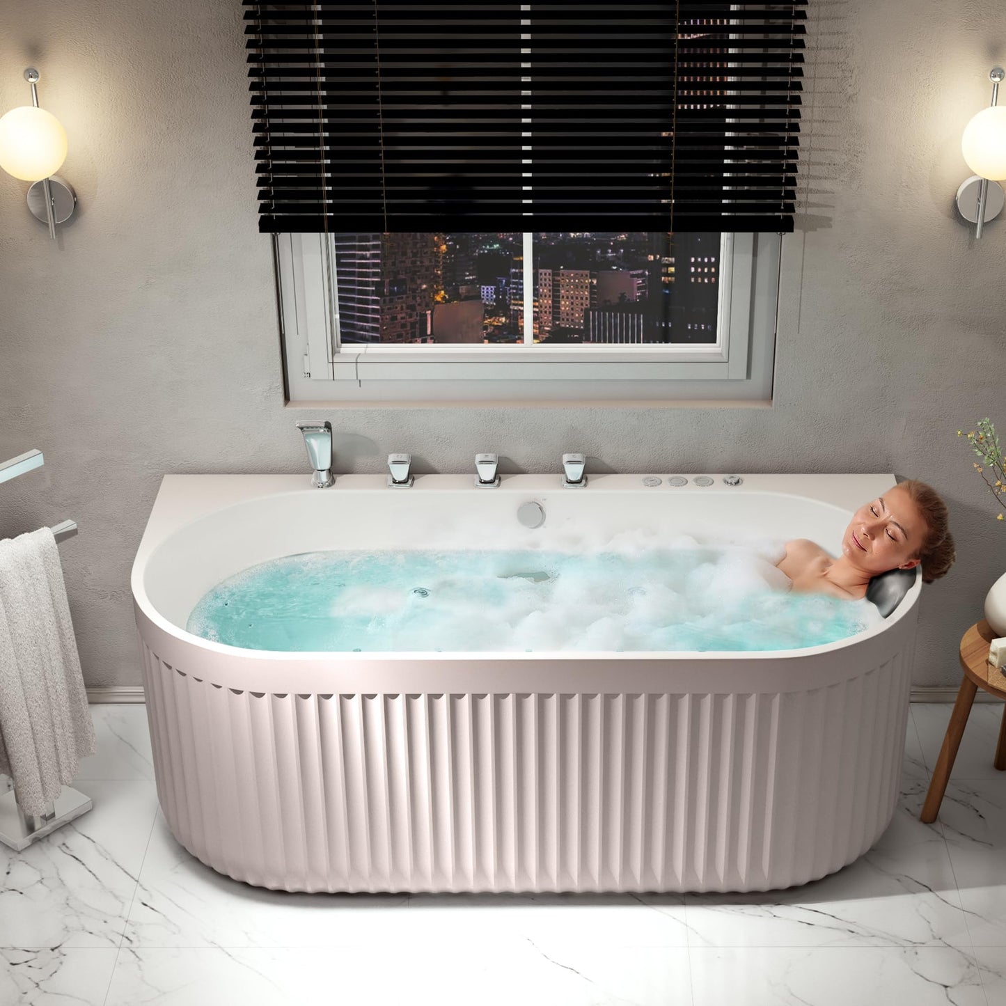 ANZZI Stone Bell 67" x 32" Freestanding Bathtub, Center Drain | Flat Bottom Tub with Air and Whirlpool Massage Jets, Lights, 5-Piece Faucet, 92 Gallon Free Standing Tub - White and Chrome