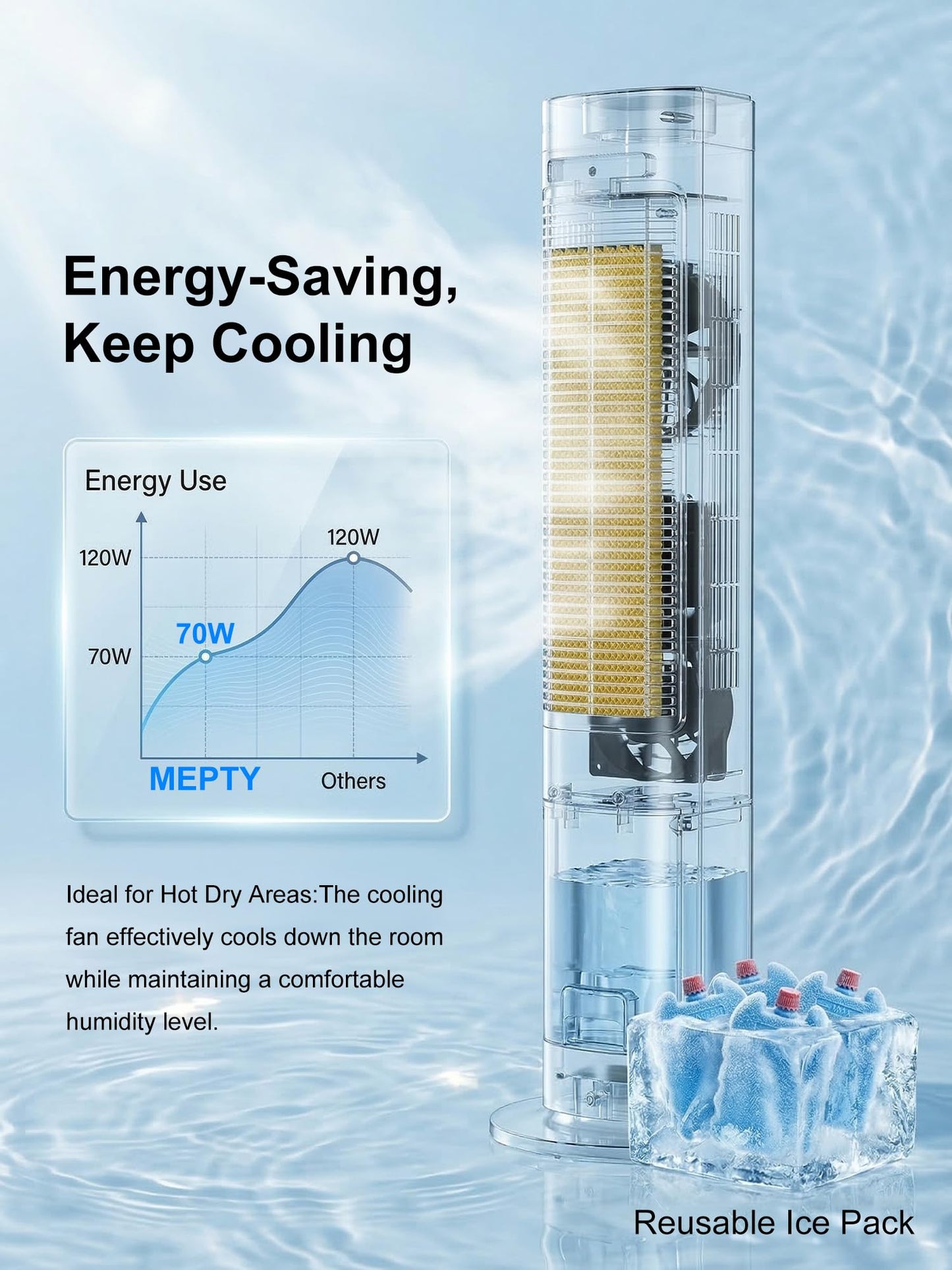 MEPTY Evaporative Air Cooler, 40" Windowless Portable Air Conditioners with 24H Timer, Cooling Fans that Blow Cold Air, 3 Speeds, 4 Modes, Remote,120°Oscillation, Swamp Cooler for Indoor Room Bedroom
