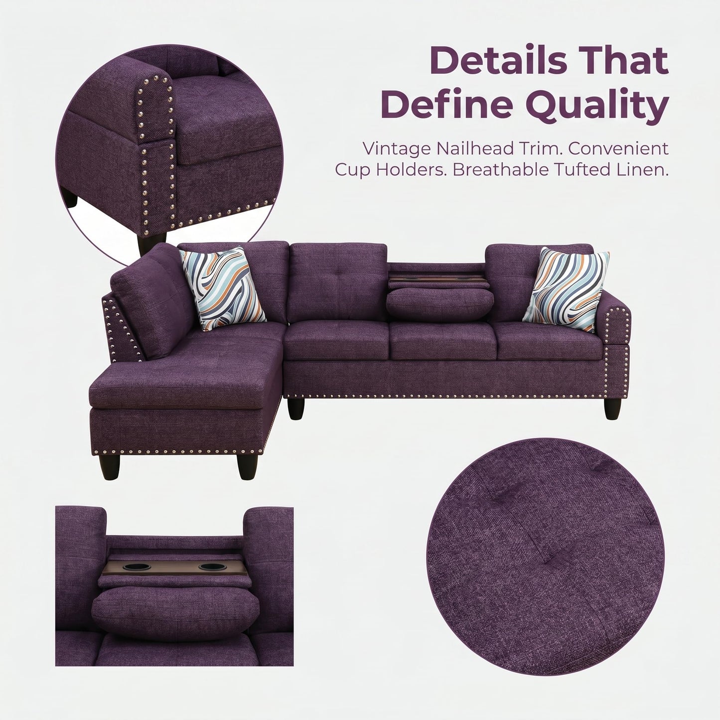 Trygoal L-Shaped Sectional Sofa, Modern 4-Seat Couch with Built-in Cup Holders, Upholstered Fabric Sectional Couch with Right Facing Chaise for Living Room, Apartment, Office, Purple